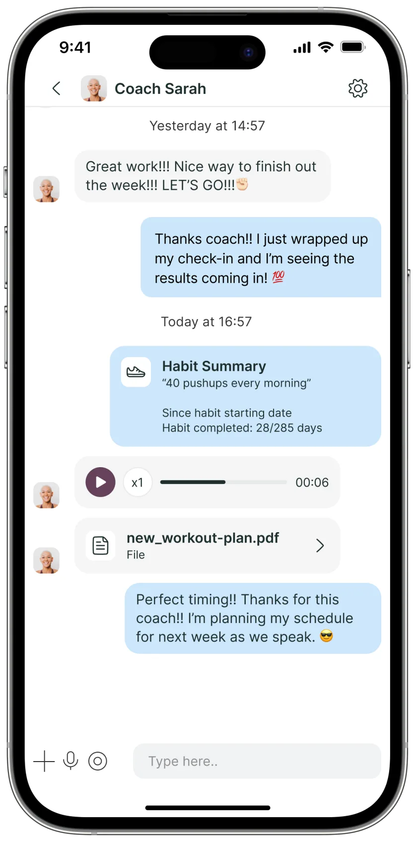 Sarah Infinger's app displaying her text chat