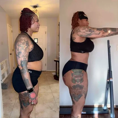 Sarah in all sizes client who was able to lose lower body fat